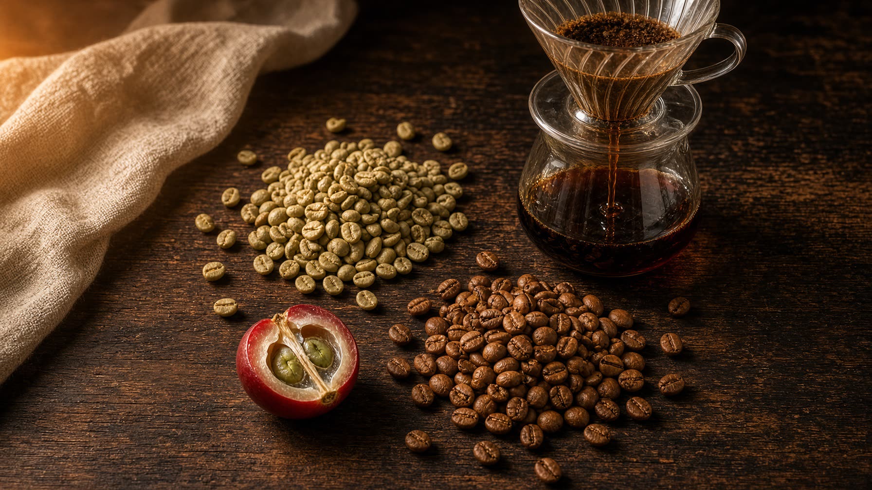 Coffee cherries, green beans, roast, and a V60 pour
